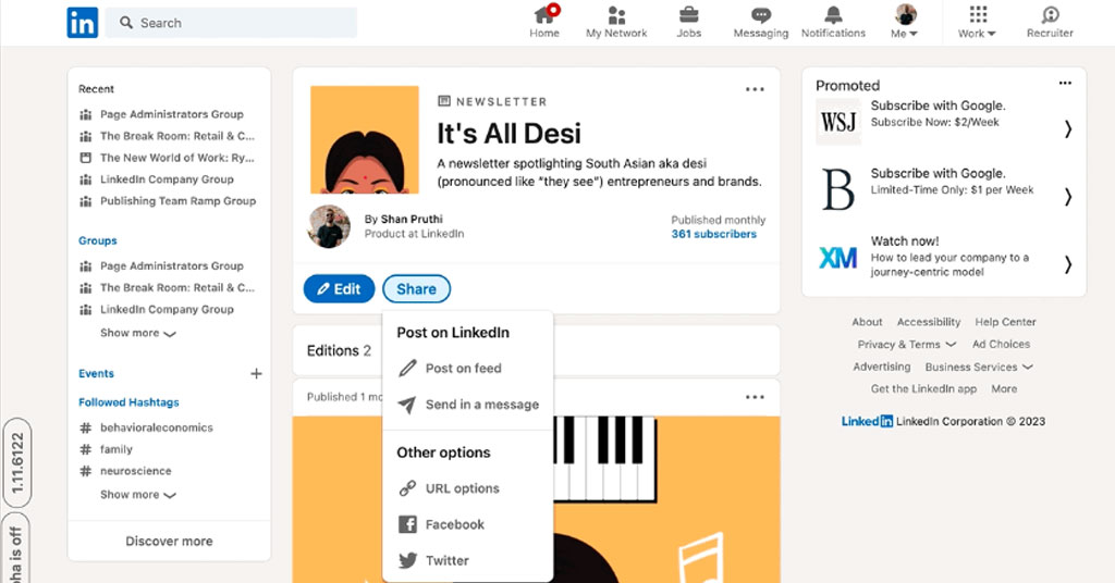 New design of LinkedIn newsletter tool